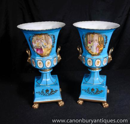 Pair French Limoges Porcelain JP Urns on Stands Vases